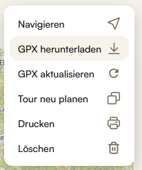 Close-up of Komoot menu with GPX herunterladen highlighted