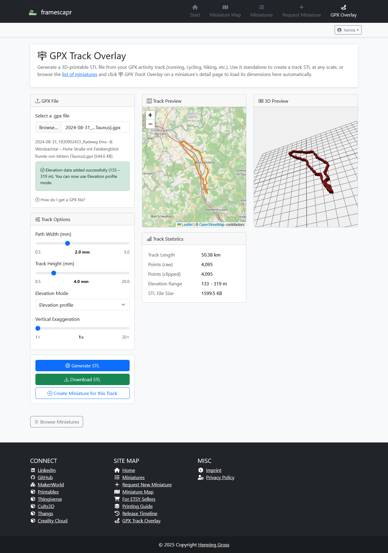 Standalone GPX track STL result shown in the tool