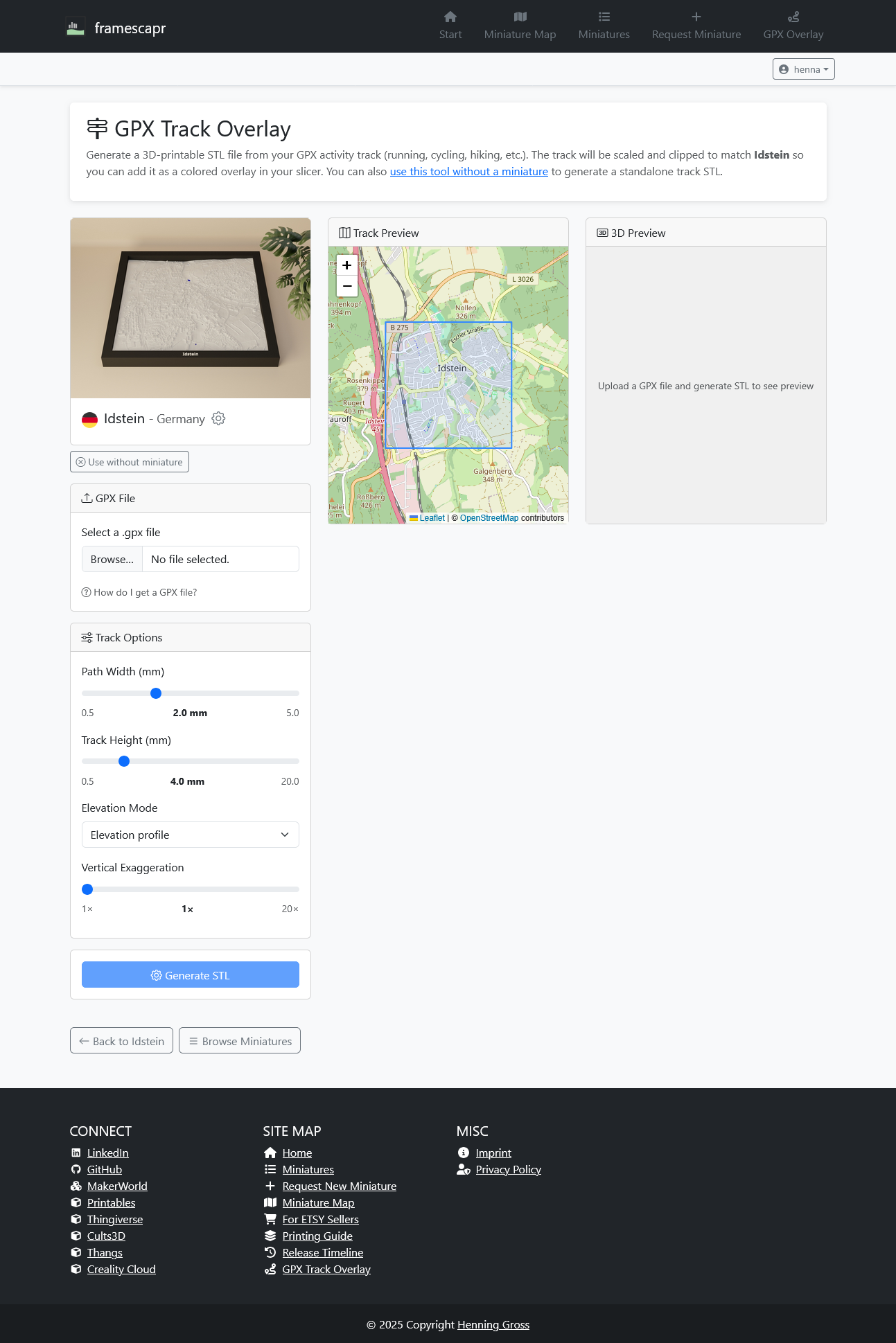 GPX tool opened from a miniature detail page showing the miniature image and crop rectangle on the map