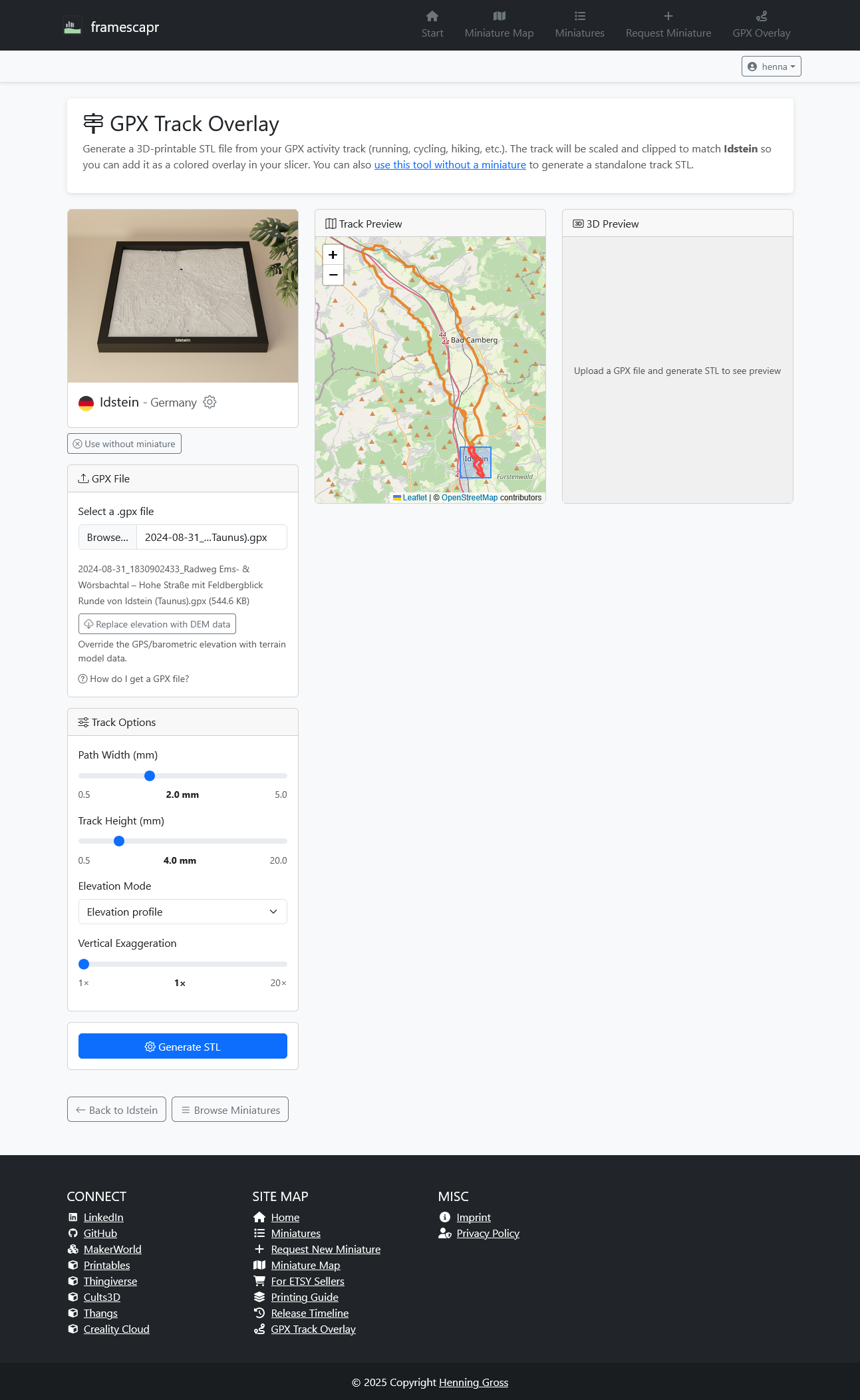 GPX track displayed on the map with the blue crop rectangle showing the miniature bounds