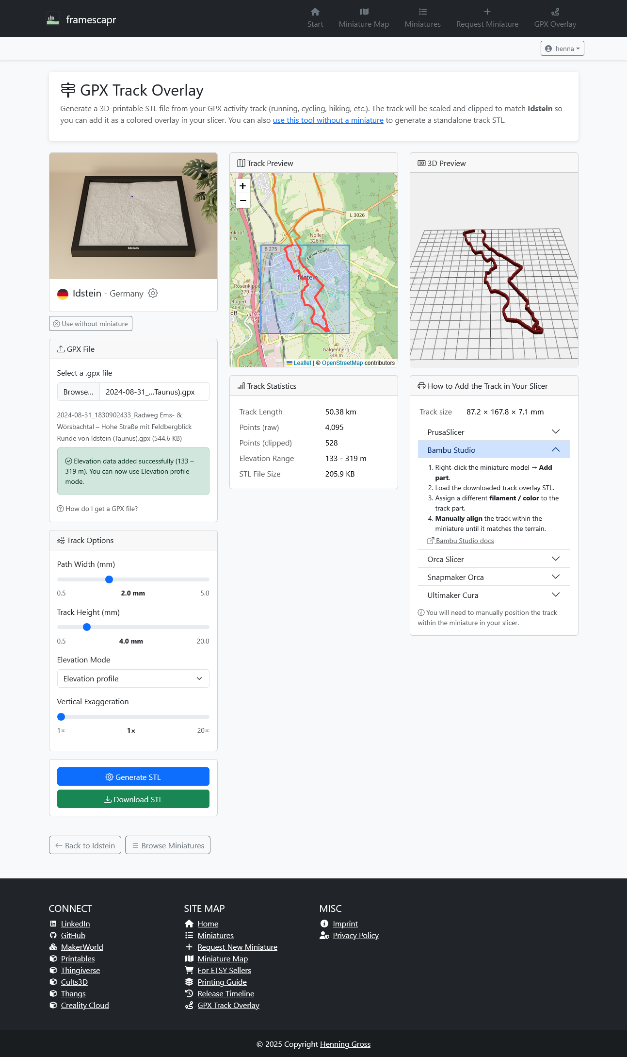Miniature-mode tool after generation showing clipped track statistics, 3D preview, and expanded Bambu Studio slicer instructions