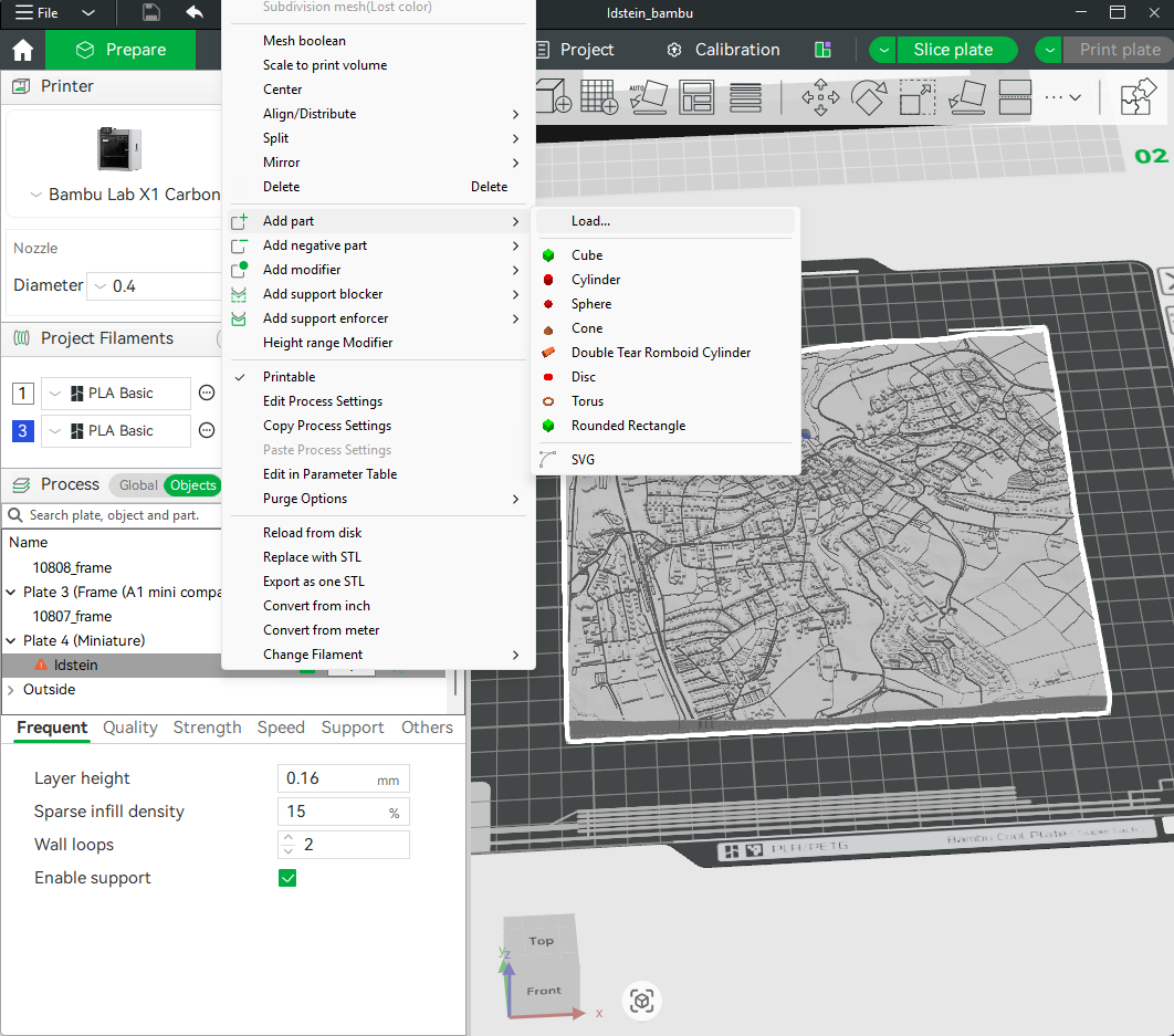 Bambu Studio showing right-click context menu on the miniature with Add part > Load highlighted