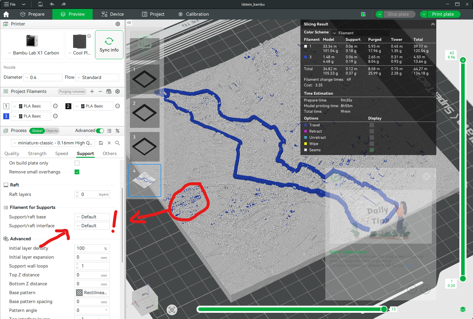 Slicing preview showing coloured artefacts in the support structure, with a red circle marking the problem area