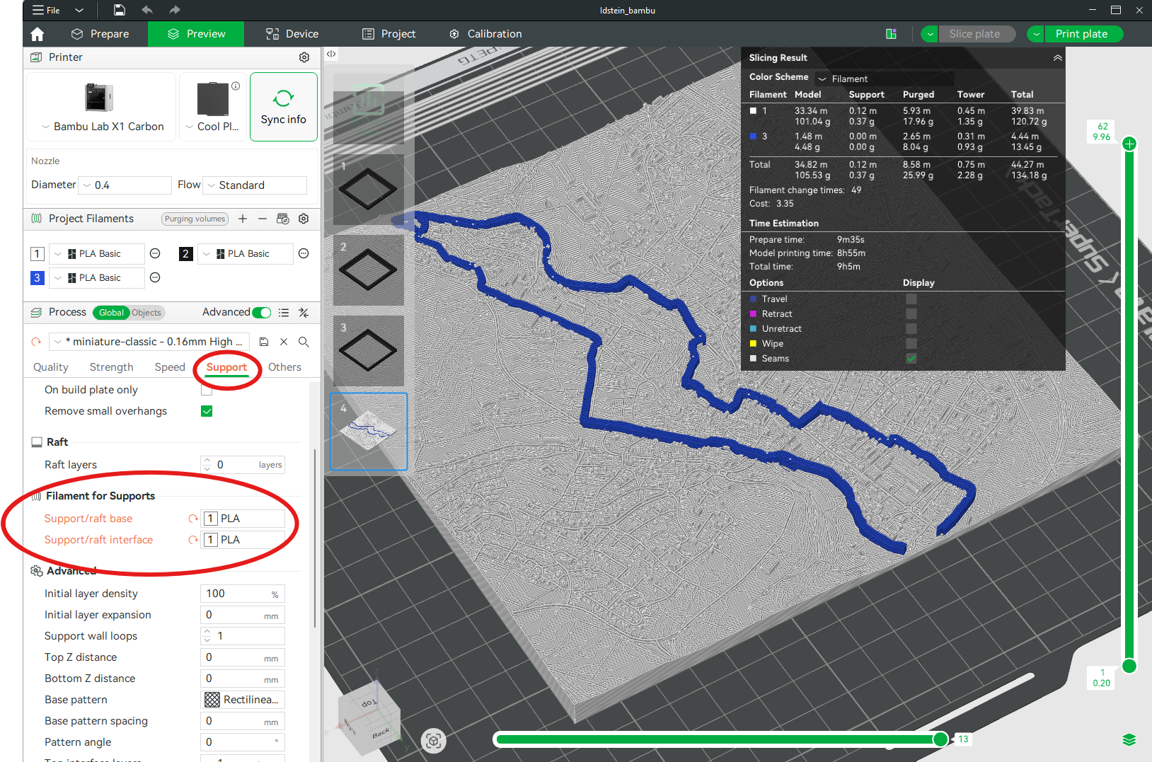 Slicer Advanced Support settings showing explicit white filament assigned for Support/craft base
