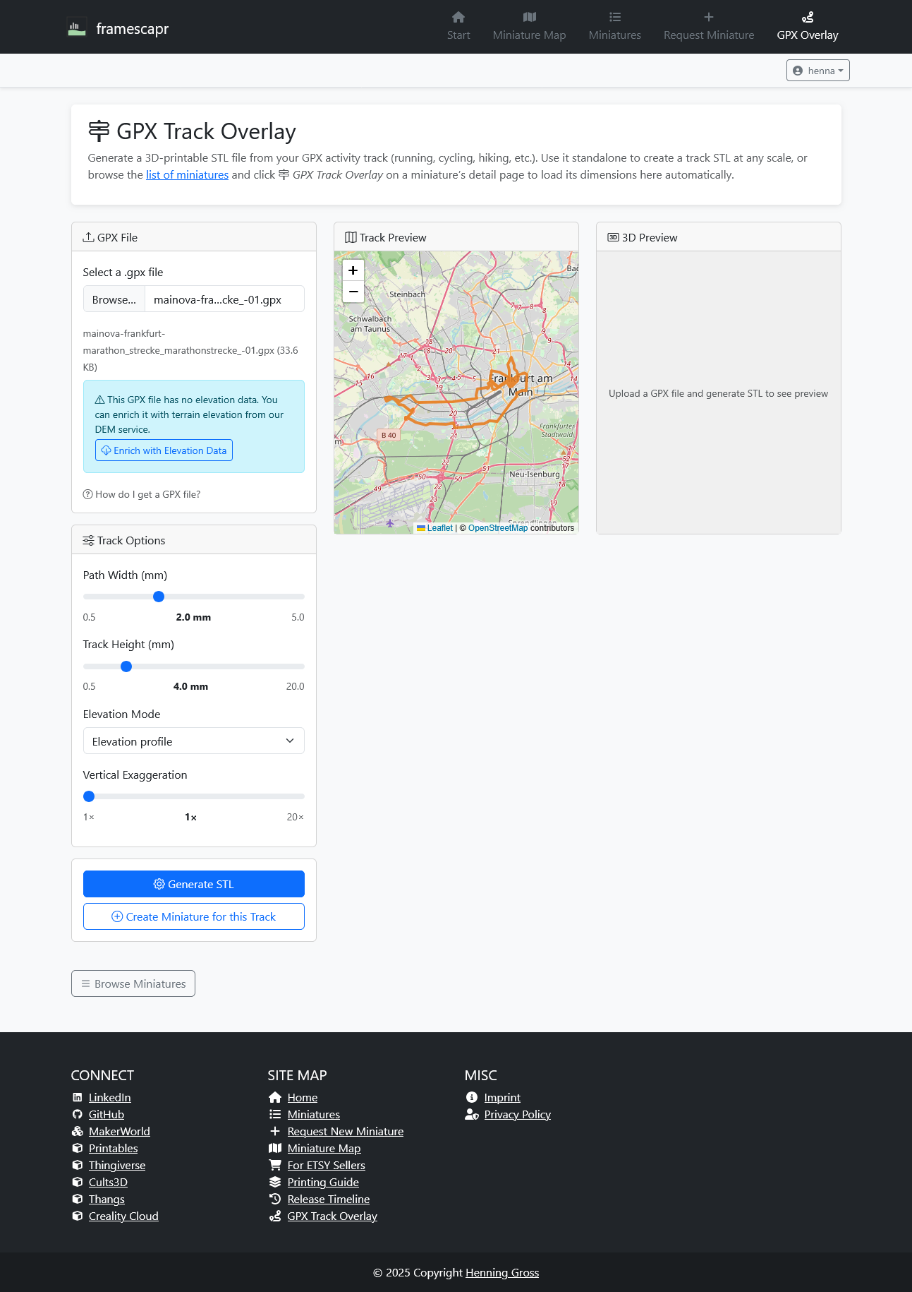 GPX file loaded showing Frankfurt marathon track on the map preview