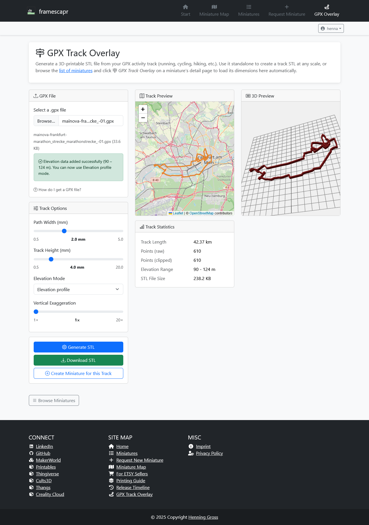 Generated STL with 3D preview of the track, track statistics, and Download STL button
